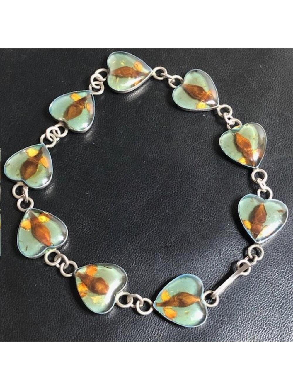 B1109 VNT Heart Sterling Silver Dried Flowers Bracelet Pressed Lucite Resin 8"